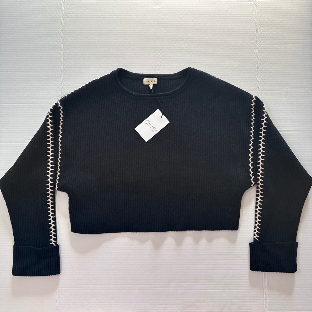 NWT PROMESA‎ Black Ribbed Cropped Blanket Sweater Stitch Long Sleeve Size L